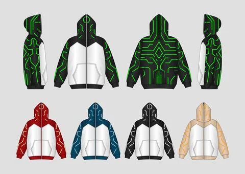 Techwear Circuit Pattern Zip Hoodie Apparel Mockup Front Back Side View Set Stockillustratie