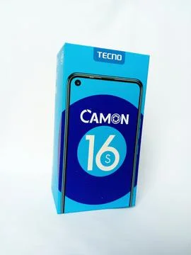 Tecno Camon 16 S smartphone paper box package on white background. Stock Photos