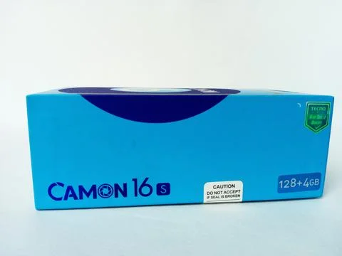 Tecno Camon 16 S smartphone paper box package on white background. Stock Photos