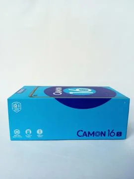Tecno Camon 16 S smartphone paper box package on white background. Stock Photos