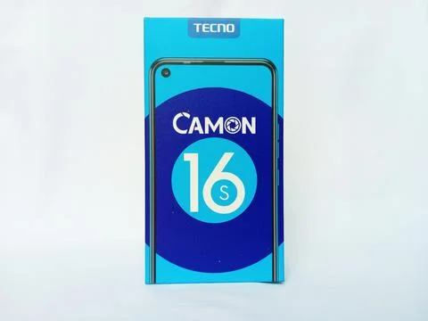 Tecno Camon 16 S smartphone paper box package on white background. Stock Photos