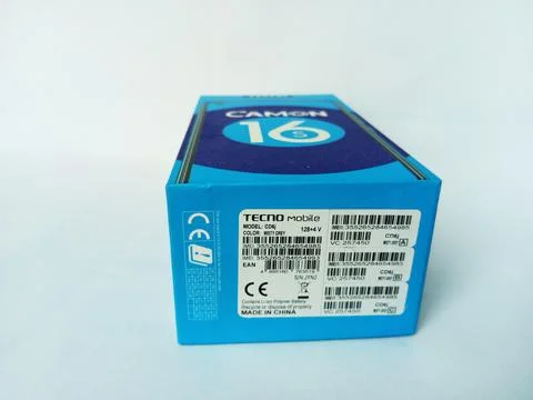 Tecno Camon 16 S smartphone paper box package lying down flat on white Stock Photos