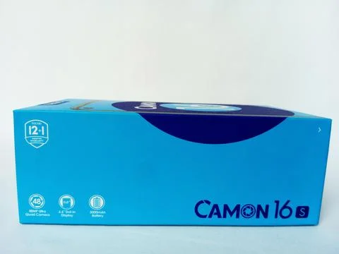 Tecno smartphone paper box package on white background. Stock Photos