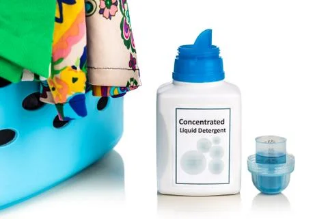 Tecnologically advanced compact concentrated laundry liquid detergent next to Foto stock