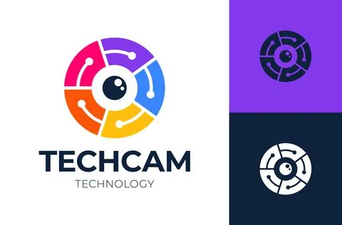 Tecnology camera logo.Circle lines camera with tech connect logo vector symbo Stock Illustration