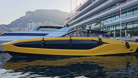Tecnomar Lamborghini 63 Docked at Monaco Yacht Club Stock Footage 308229279