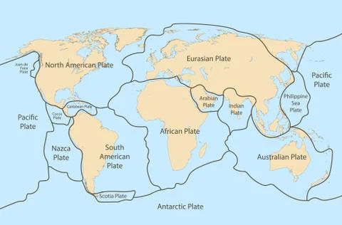 Tectonic plate earth map. Continental ocean pacific, volcano lithosphere Stock Illustration