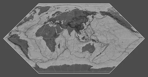 Tectonic plates. Bilevel. Eckert I projection 90 east Stock Illustration