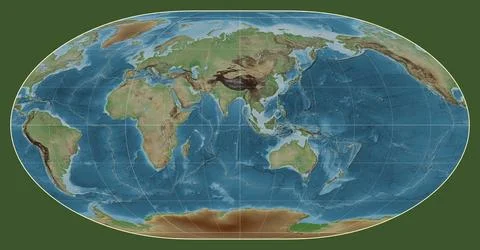 Tectonic plates. Colored elevation. Loximuthal projection 90 east Stock Illustration