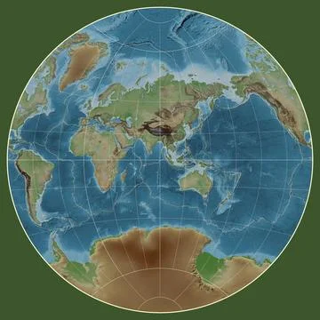 Tectonic plates. Colored elevation. van der Grinten I projection 90 east Stock Illustration