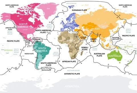 Tectonic plates on Earth's surface. World map with names of countries Stock Illustration