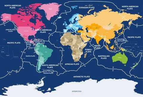 Tectonic plates on Earth's surface. World map with names of countries Stock Illustration