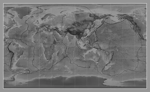 Tectonic plates. Grayscale. Compact Miller projection 90 east Illustrazione stock