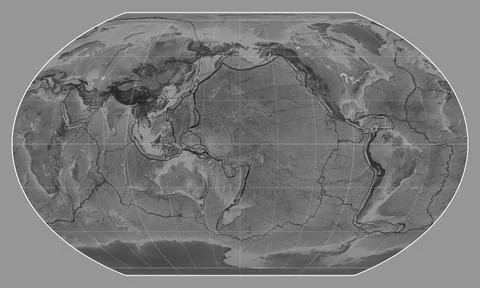 Tectonic plates. Grayscale. Kavrayskiy VII projection 180 Stock Illustration