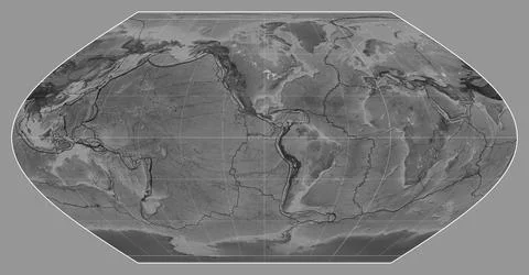 Tectonic plates. Grayscale. Winkel I projection -90 west Stock Illustration