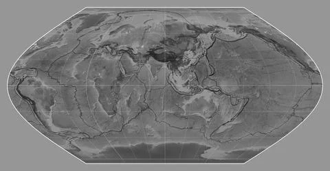 Tectonic plates. Grayscale. Winkel I projection 90 east Stock Illustration