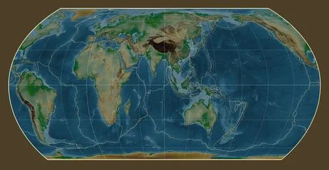Tectonic plates. Physical. Hatano Asymmetrical Equal Area projection 90 east Stock Illustration