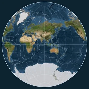 Tectonic plates. Satellite. van der Grinten I projection 90 east Stock Illustration