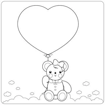 Teddy bear and balloon. Vector black and white coloring page. Stock Illustration