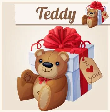 Teddy bear and the big gift box with red bow Stock Illustration