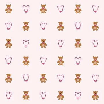 Teddy bear and candy cane heart seamless pattern on pale pink background, cute Stock Illustration