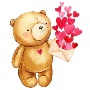 Teddy bear and envelope with hearts. Hand painted watercolor illustration Stock Illustration
