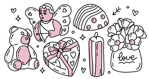 Teddy bear and other elements in outline Doodle style of Valentine s day, Set of Stock Illustration