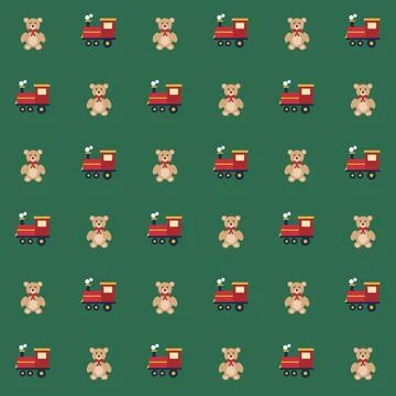 Teddy bear and red train seamless pattern on dark green background, Christmas Illustrazione stock