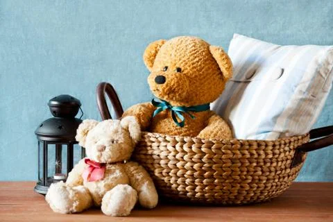Teddy Bear In A Basket Stock Photos