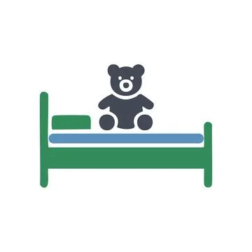 Teddy bear bed. Toy bear sitting on a bed, symbolizing bedtime comfort and .. Stock Illustration