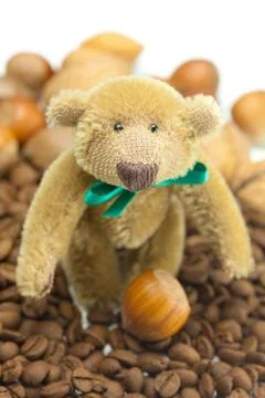 Teddy bear with a bow, coffee beans and nuts Stock Photos
