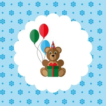 Teddy bear in cap with balloons and gift Stock Illustration