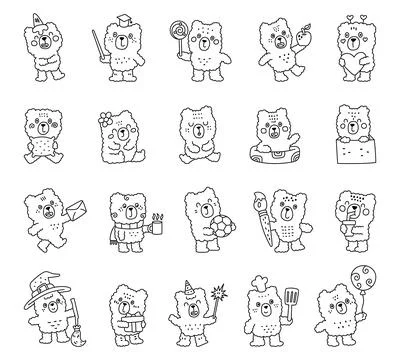 Teddy bear character set in outline line Stock Illustration