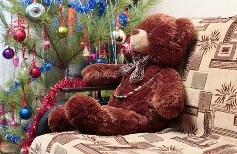Teddy bear, Christmas tree Stock Photos