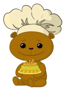 Teddy bear cook with cake Stock Illustration