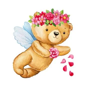 Teddy bear Cupid on isolated white background. Watercolor children's Stock Illustration