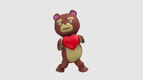 Teddy bear dance with red heart - 3d render looped with alpha channel. Stock Footage 231901733