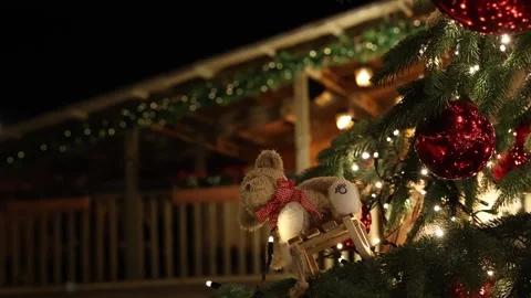 Teddy bear decoration on a Christmas tree, Christmas market background Stock Footage 322068009