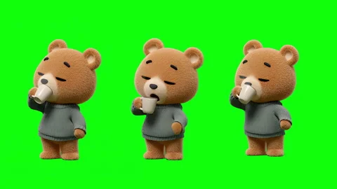 Teddy bear drinking coffee isolated on green background, chroma key, keyable Видео 331519221