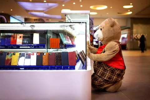 Teddy bear on the escalator at the mall Stock Photos