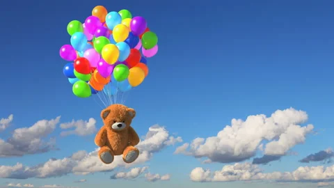 Teddy Bear Flies Away on Multicolored Balloons Stock Footage 142838337