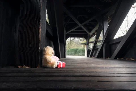 Teddy bear with gift and message Stock Photos
