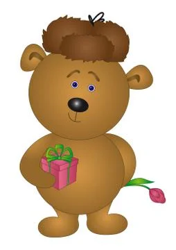 Teddy bear with gift box and flower Stock Illustration
