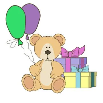 Teddy Bear  with gift boxes and balloones Illustration