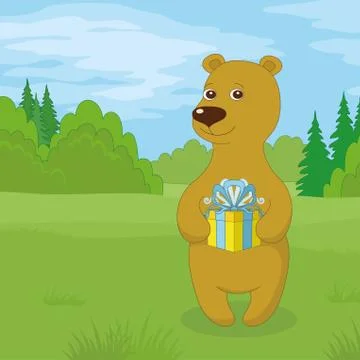 Teddy bear with gift on meadow Stock Illustration
