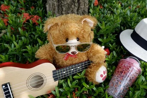 Teddy bear with glasses under the tree playing guitar Stock Photos