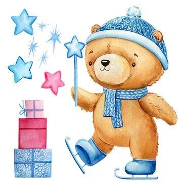 Teddy bear in hat and scarf on skates, magic wand and gift isolated white Stock Illustration