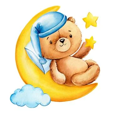Teddy bear in hat with star, cloud and moon, isolated white background Ilustração Stock