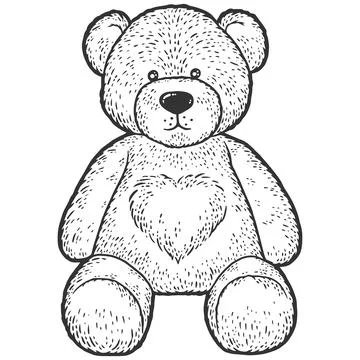 Teddy bear with heart. Engraving vector illustration. Stock Illustration
