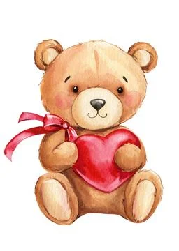 Teddy bear with heart. Hand painted watercolor illustration isolated white Stock Illustration